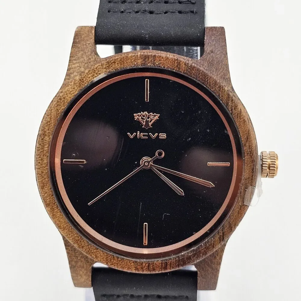 VICVS‎ Men's Wood Watch 40MM Black Dial Black Leather Bands New Battery